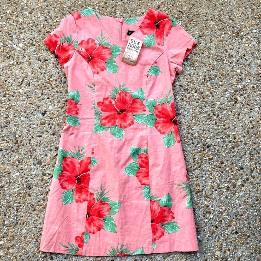 NWT Sun Moda Linen Blend Tropical Floral Hibiscus Pink Hawaiian Dress Size S